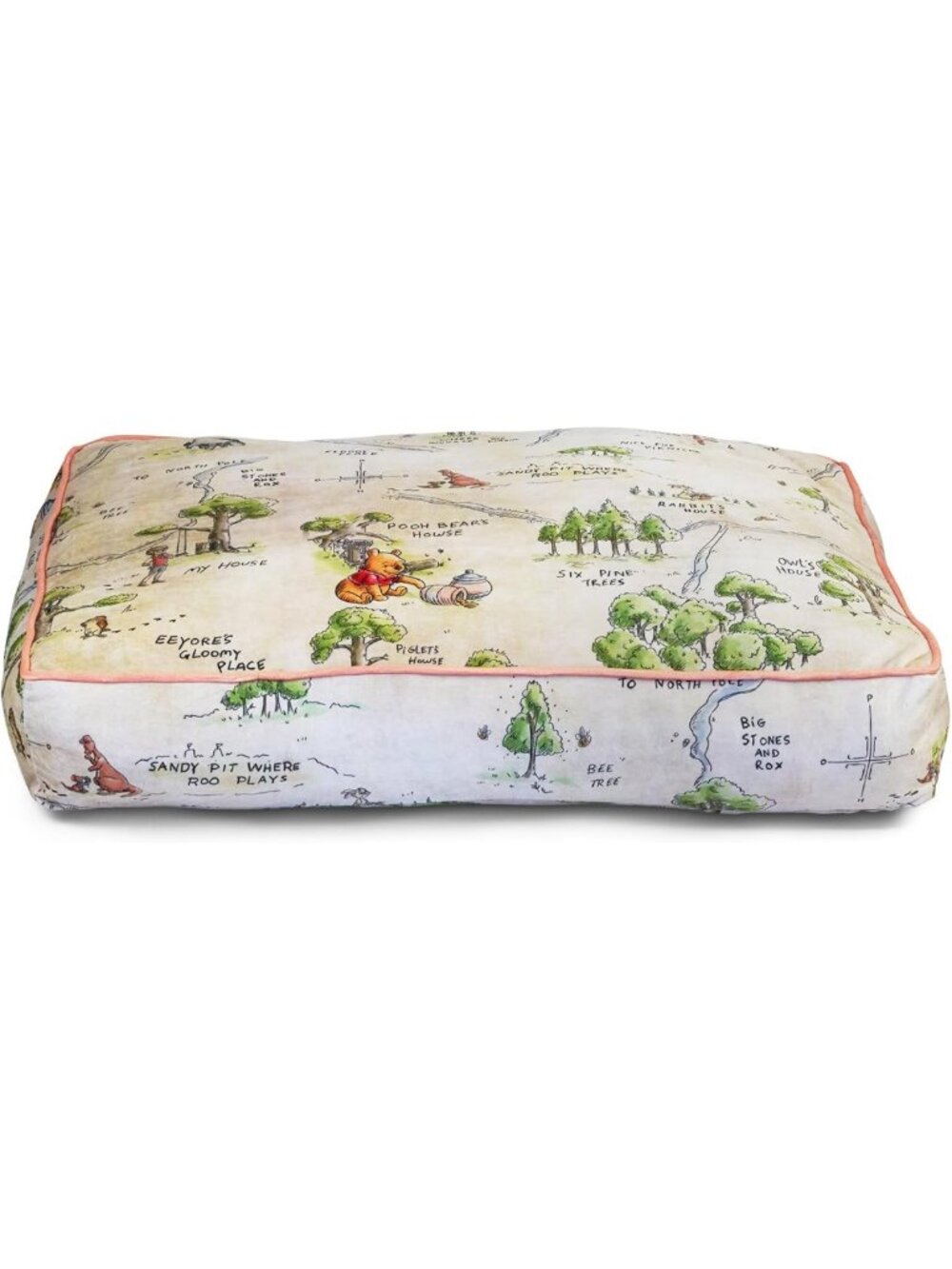 Cozy Winnie the Pooh Dog Bed, Beige Rectangle Design, Hundred Acre Wood Map